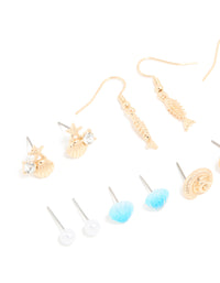 Gold Evil Eye & Sea Themed Earrings 8-Pack - link has visual effect only