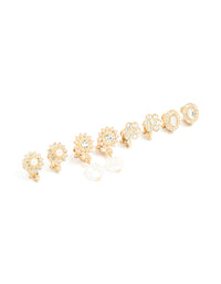 Gold Diamante Pearl Floral Clip On Earrings 4-Pack - link has visual effect only