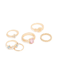 Gold Diamante Mixed Rings 6-Pack - link has visual effect only