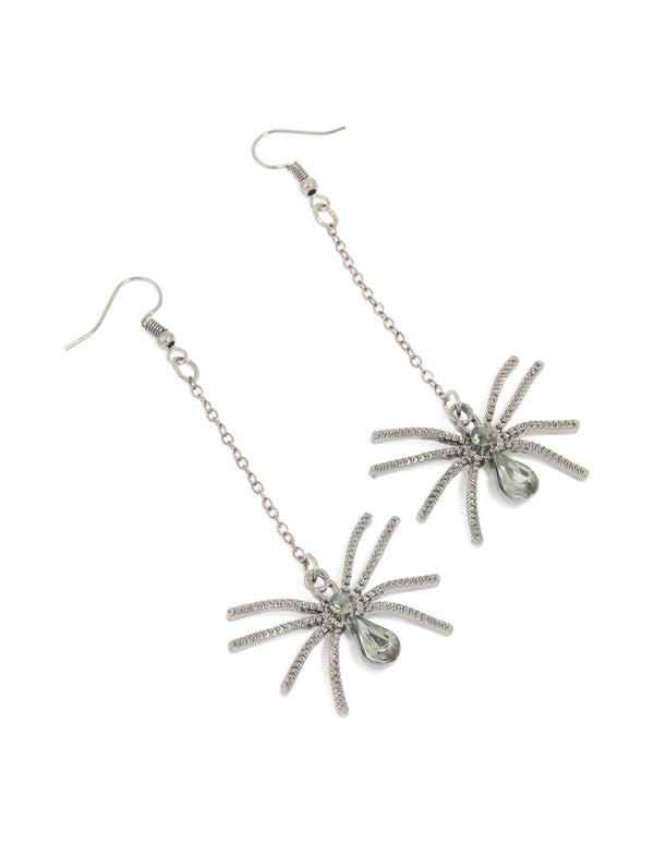 Gunmetal Spider Drop Chain Earrings
