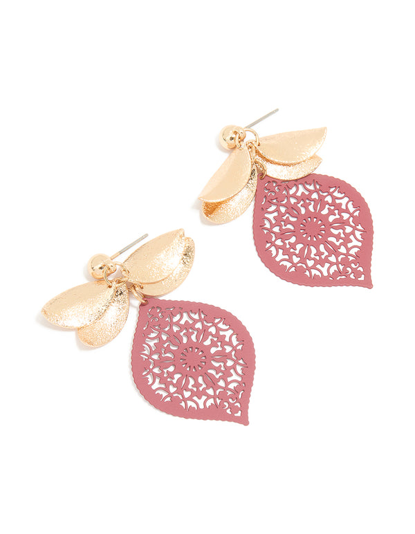 Gold Pink Filigree & Textured Leaf Drop Earrings
