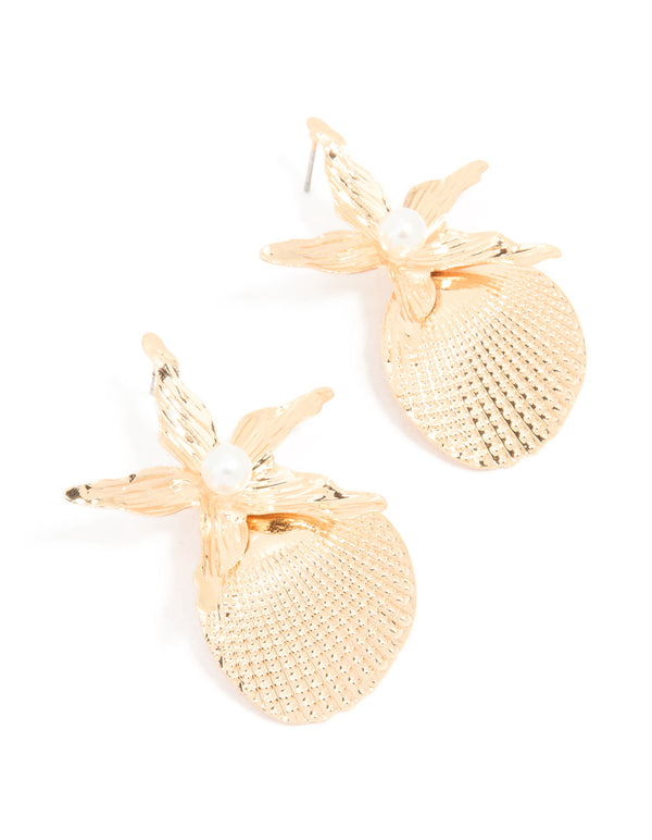 Gold Starfish & Shell Drop Earrings