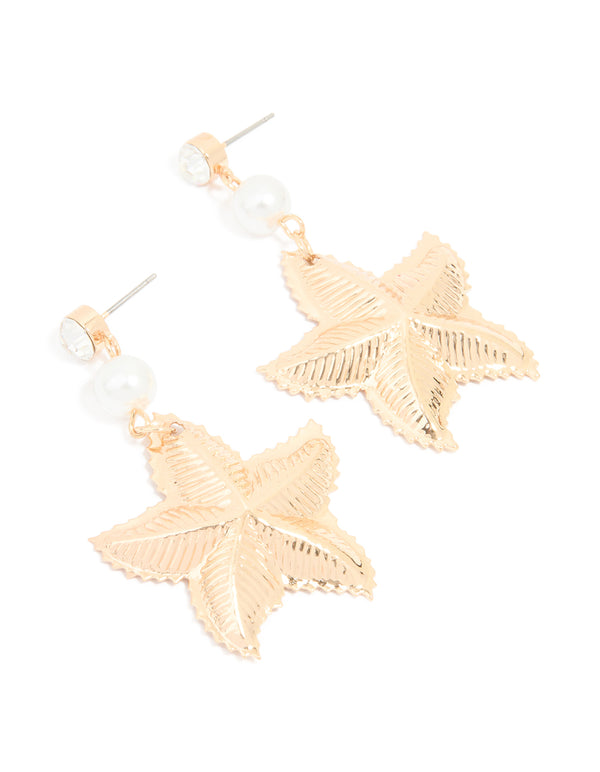 Gold Diamante Pearl Starfish Drop Earrings