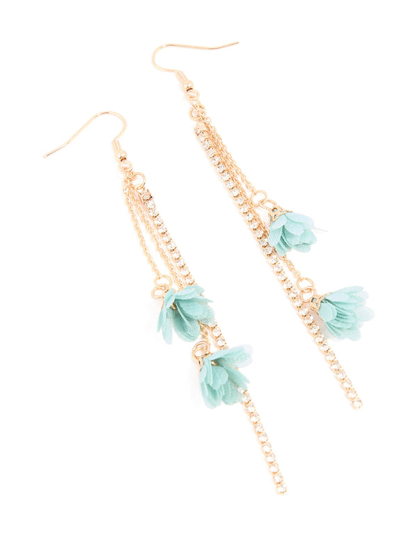 Gold Diamante Cup Chain Blue Mesh Flower Drop Earrings