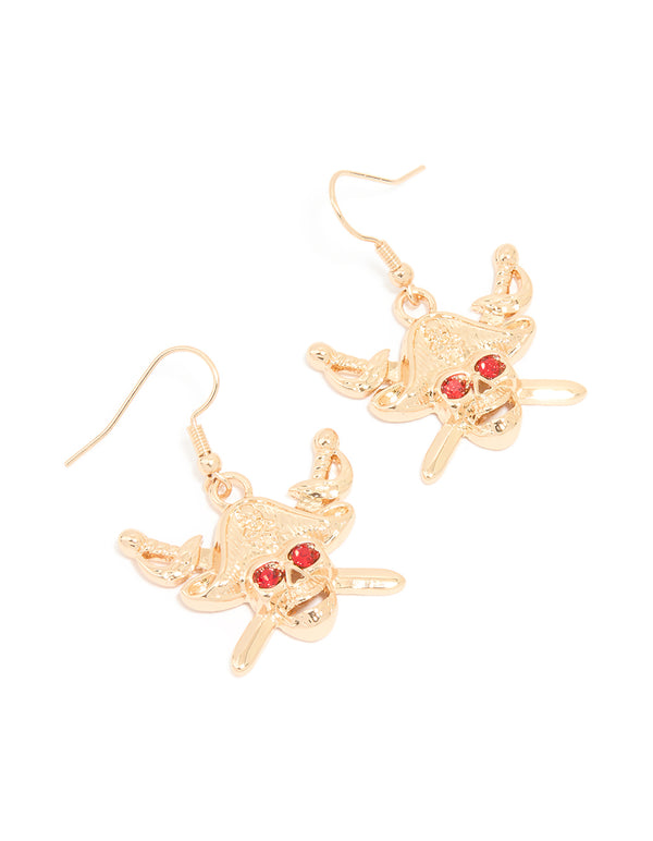 Gold Red Diamante Skeleton Pirate Face Drop Earrings
