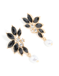 Gold Black Diamante Pearl Marquise Stud Earrings - link has visual effect only