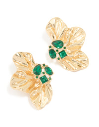 Gold Green Diamante Half Flower Stud Earrings - link has visual effect only