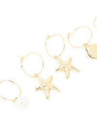 Gold Pearl Shell & Starfish Huggie Earrings 3-Pack - link has visual effect only