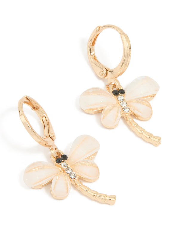 Gold Dragonfly Drop Huggie Earrings