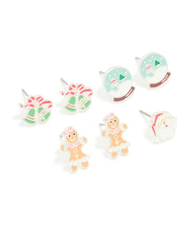 Kids Silver Snow Globe & Gingerbread Man Stud Earrings 6-Pack - link has visual effect only