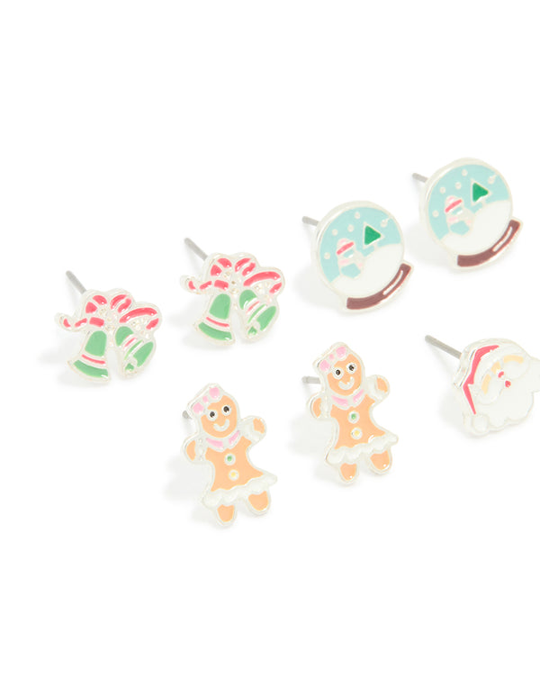 Kids Silver Snow Globe & Gingerbread Man Stud Earrings 6-Pack