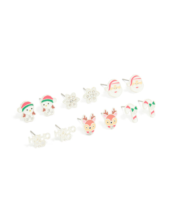 Kids Silver Santa & Ho Ho Ho Stud Earrings 6-Pack