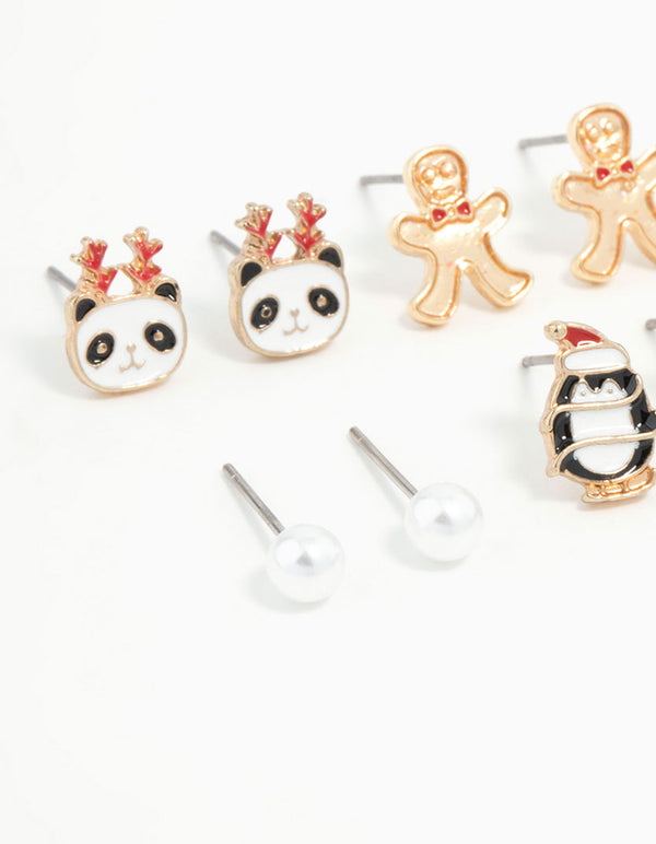 Kids Panda & Penguin Stud Earrings 6-Pack