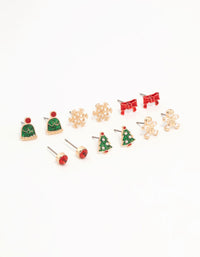 Kids Gold Santa Hat & Gingerbread Man Stud Earrings 6-Pack - link has visual effect only