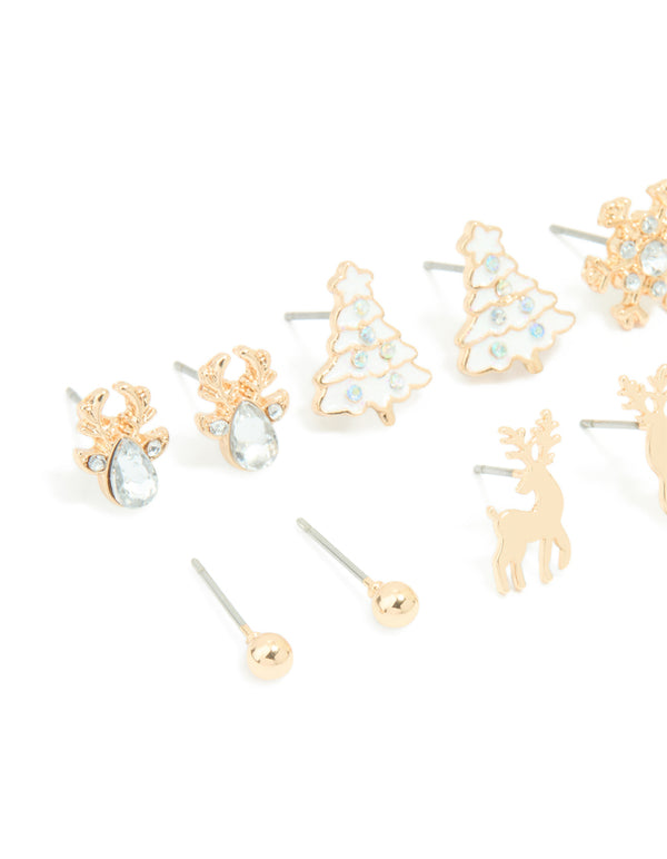 Kids Gold Diamante Reindeer & Snowflake Stud Earrings 6-Pack