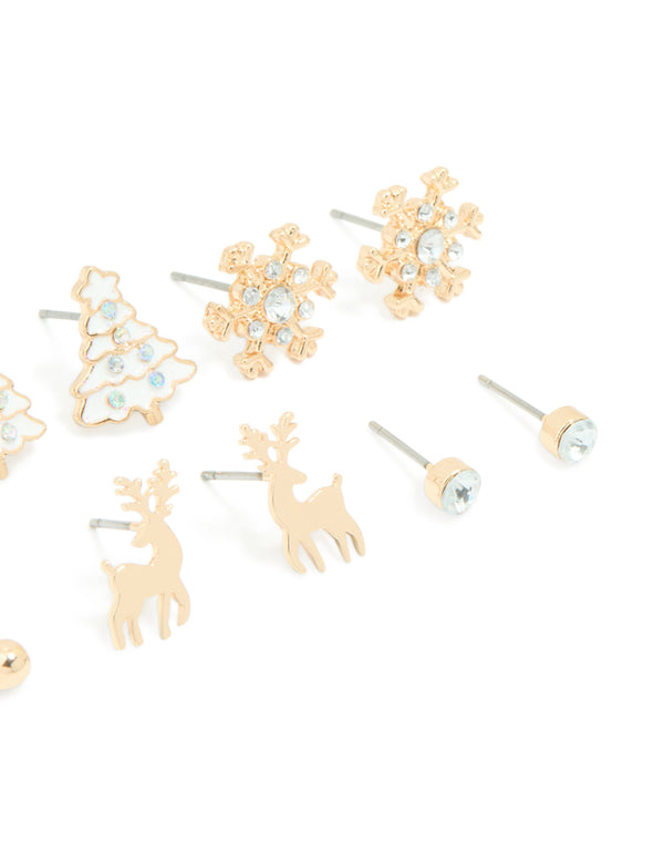 Kids Gold Diamante Reindeer & Snowflake Stud Earrings 6-Pack
