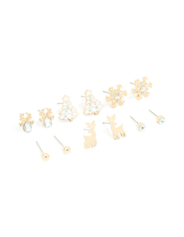 Kids Gold Diamante Reindeer & Snowflake Stud Earrings 6-Pack