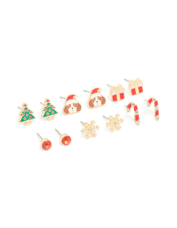 Kids Gold Candy Cane & Present Stud Earrings 6-Pack