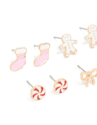 Kids Gold Stocking & Candy Cane Stud Earrings 6-Pack - link has visual effect only
