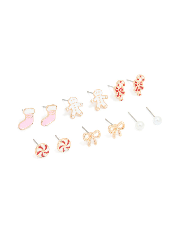 Kids Gold Stocking & Candy Cane Stud Earrings 6-Pack