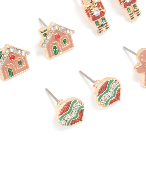 Kids Gold Diamante Gingerbread Man & Wreath Stud Earrings 6-Pack