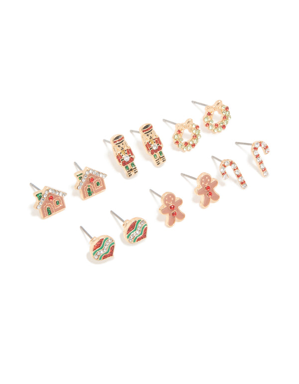 Kids Gold Diamante Gingerbread Man & Wreath Stud Earrings 6-Pack