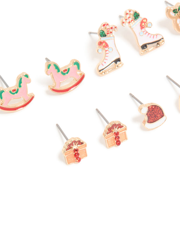 Kids Gold Ice Skate & Present Earrings 6-Pack