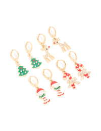 Kids Gold Candy Cane & Red Nosed Reindeer Huggie Earrings 4-Pack - link has visual effect only