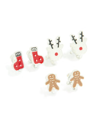 Kids Silver Snowman & Gingerbread Man Clip On Earrings 5-Pack - link has visual effect only
