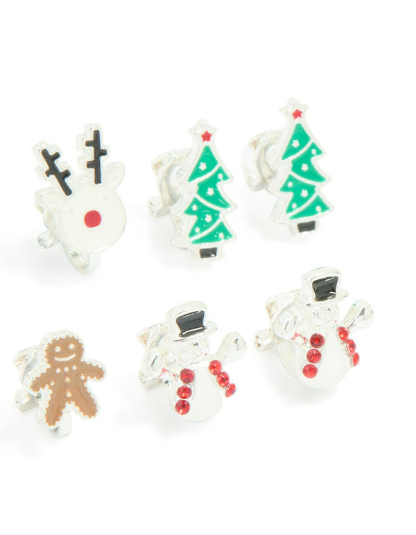 Kids Silver Snowman & Gingerbread Man Clip On Earrings 5-Pack