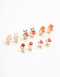 Kids Gold Gingerbread Man & Santa Hat Clip On Earrings 5-Pack - link has visual effect only