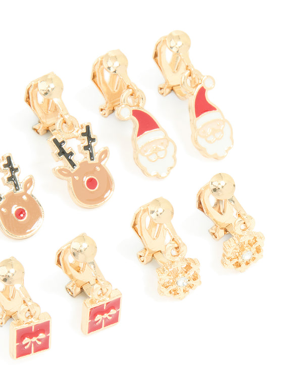 Kids Gold Present & Santa Clip On Earrings 5-Pack