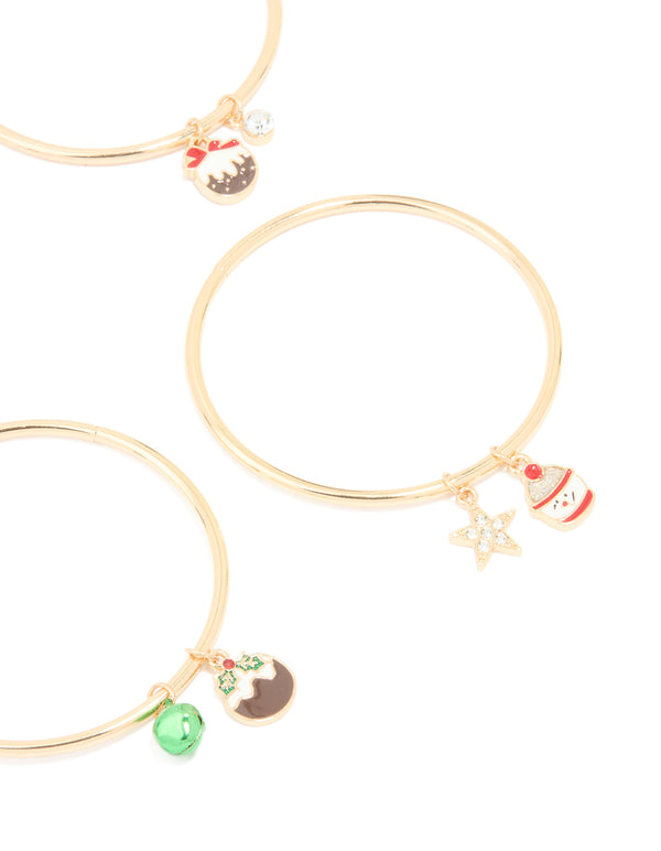 Kids Gold Festive Pudding & Snowman Bangles 4-Pack