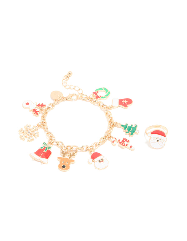 Kids Gold Santa Ring & Festive Charm Bracelet Pack