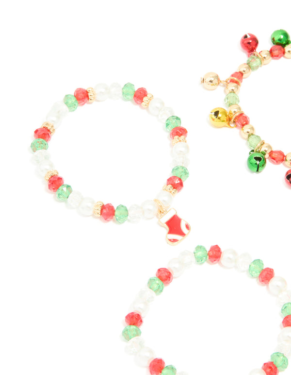 Kids Beaded Jingle Bell & Present Stretch Bracelets 4-Pack
