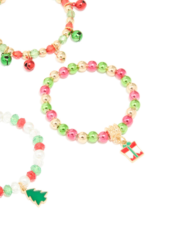 Kids Beaded Jingle Bell & Present Stretch Bracelets 4-Pack