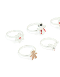 Kids Silver Gingerbread Man & Snowflake Adjustable Rings 6-Pack - link has visual effect only