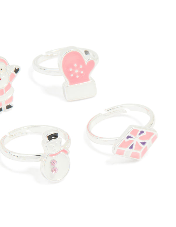 Kids Silver Santa & Winter Gloves Rings 6-Pack