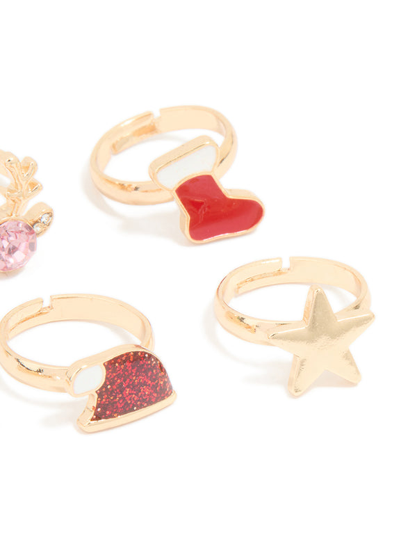 Kids Reindeer & Gold Star Rings 6-Pack