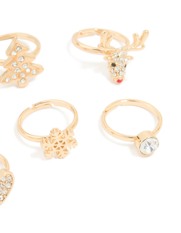 Kids Gold Diamante Reindeer & Snowflake Rings 6-Pack