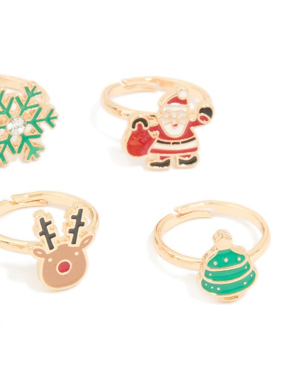 Kids Gold Snowman & Reindeer Rings 6-Pack