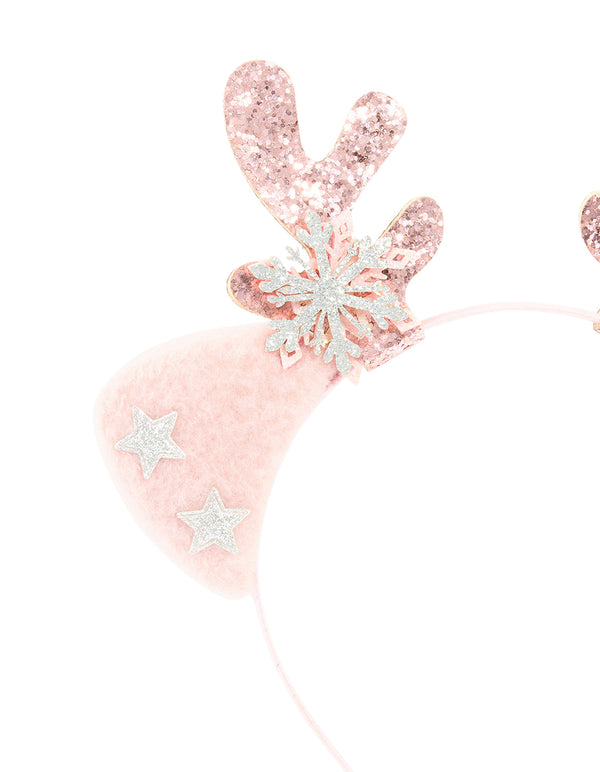 Kids Pink Snowflake & Reindeer Antler Headband