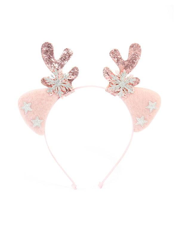 Kids Pink Snowflake & Reindeer Antler Headband