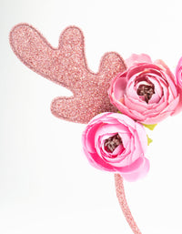 Kids Pink Glittery Fabric Flower Reindeer Antler Headband - link has visual effect only