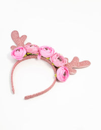 Kids Pink Glittery Fabric Flower Reindeer Antler Headband - link has visual effect only