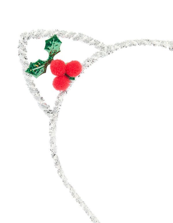 Kids Silver Tinsel Holly Reindeer Headband