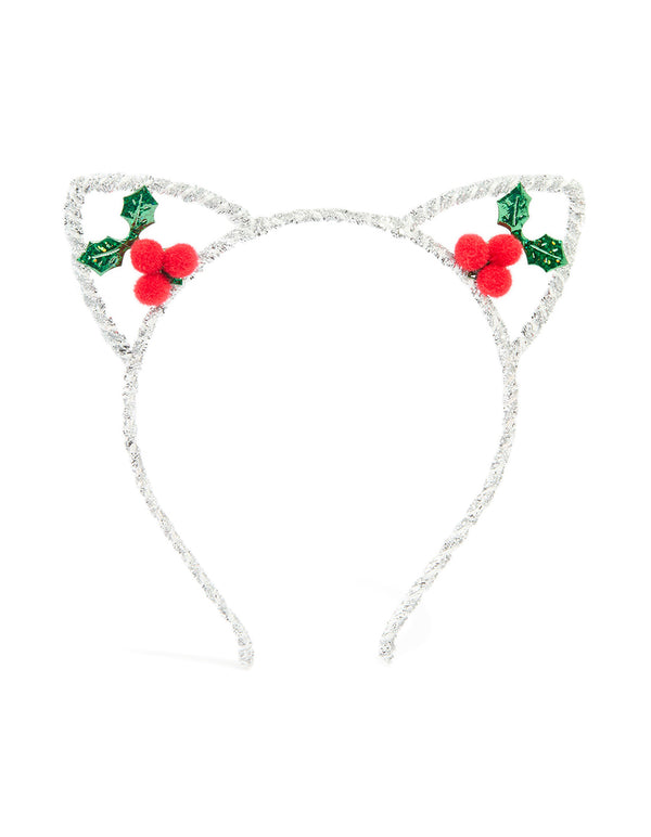 Kids Silver Tinsel Holly Reindeer Headband