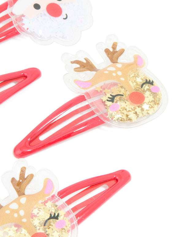 Kids Red Coated Metal Reindeer & Santa Snap Clips 4-Pack