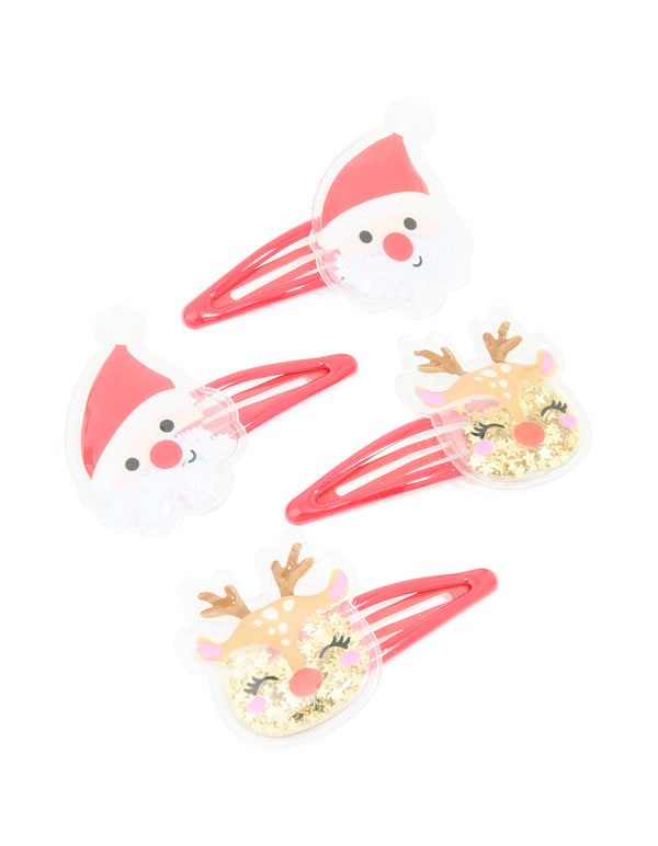 Kids Red Coated Metal Reindeer & Santa Snap Clips 4-Pack