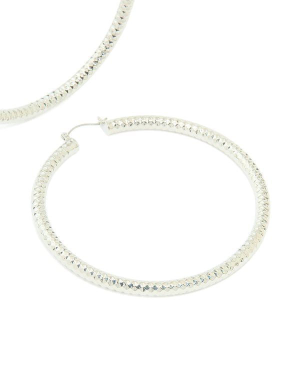 Silver Criss Cross Textured Medium Hoop Earrings